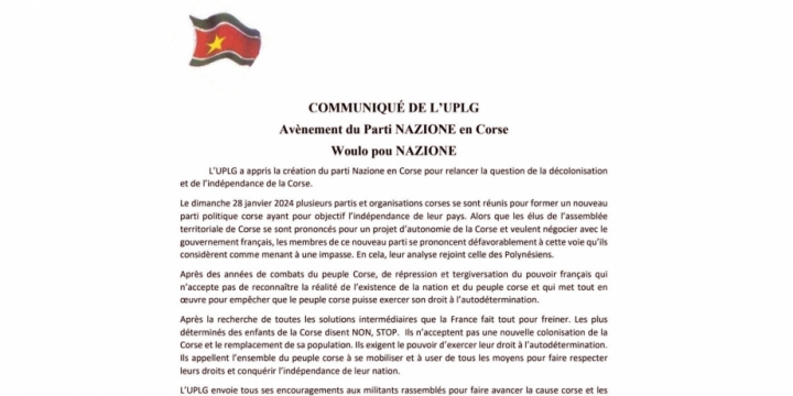 Statement by People’s Union for Liberation of Guadeloupe on establishment of Nazione Party in Corsica