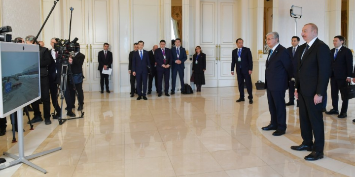 Presidents of Azerbaijan and Kazakhstan watch the ceremony marking the arrival of container train from China’s Xi’an terminal to Baku’s Absheron station via a video link