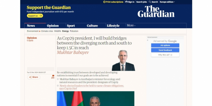 COP29-un prezidenti Muxtar Babayev “The Guardian” nəşrinə müsahibə verib