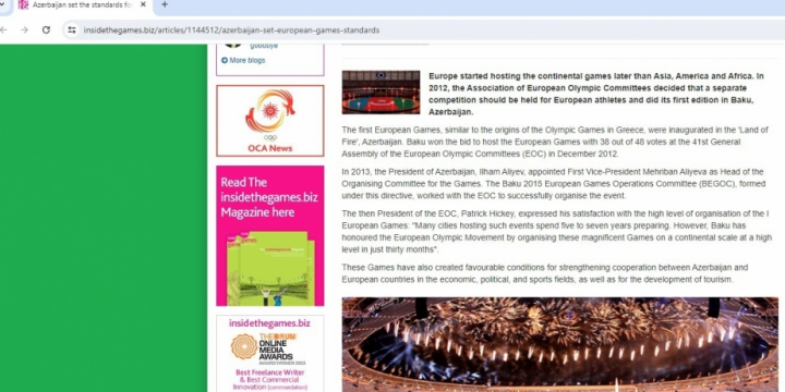 Baku 2015 European Games again in spotlight of world media: Azerbaijan set the standards for European Games