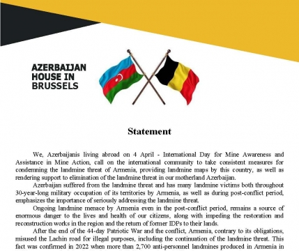 Azərbaycanın diaspor təşkilatları Minatəmizləmə Fəaliyyətinə Yardım Günü münasibətilə bəyanatlar yayıb