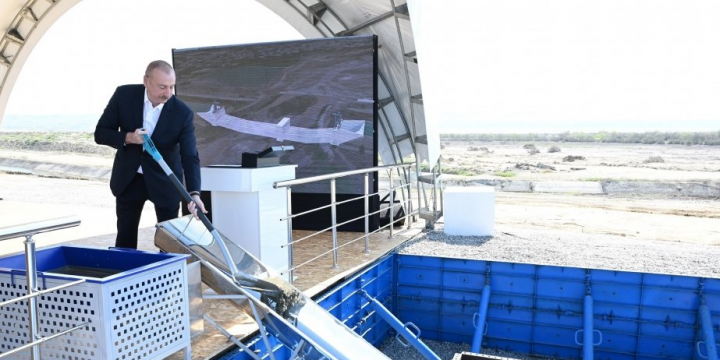 President Ilham Aliyev laid foundation stone for Shirvan irrigation canal in Hajigabul district<br>The head of state addressed the event
