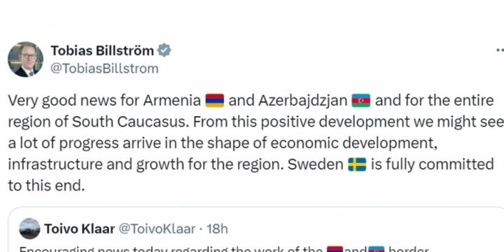 Swedish Foreign Minister welcomes agreement on border delimitation between Armenia and Azerbaijan