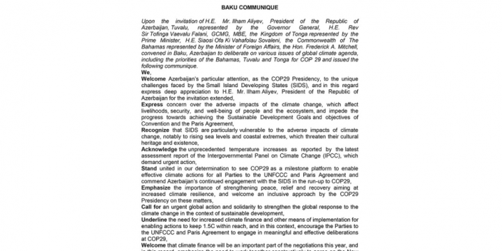 Governor-General of Tuvalu, Prime Minister of Tonga, Foreign Minister of the Commonwealth of the Bahamas adopt Baku Communique