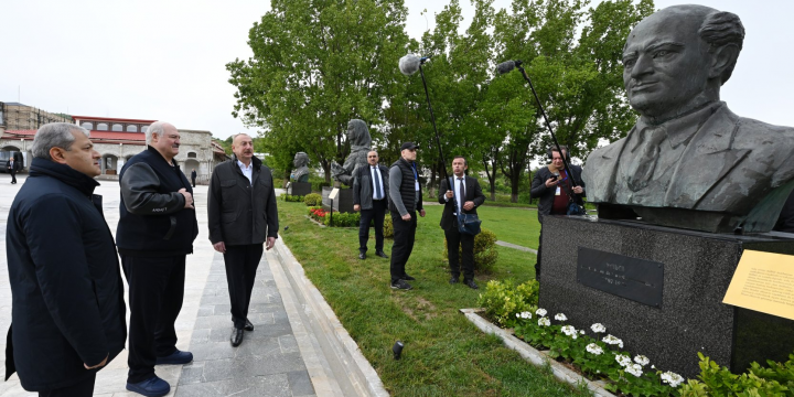 Presidents of Azerbaijan and Belarus viewed bullet-riddled monuments of Natavan, Bulbul and Uzeyir Hajibayli in Shusha
