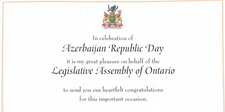 Ontario rəsmiləri Müstəqillik Günü ilə əlaqədar Azərbaycan icmasını təbrik ediblər
