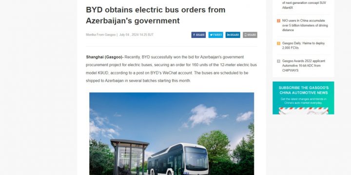 “Gasgoo” nəşri: “BYD” konqlomeratı Azərbaycana elektrik avtobusları tədarük edəcək