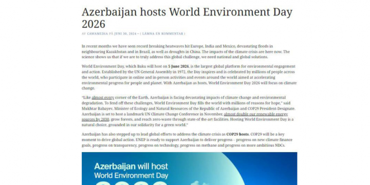 Azerbaijan’s hosting World Environment Day 2026 in spotlight of Swedish Cawa Media agency