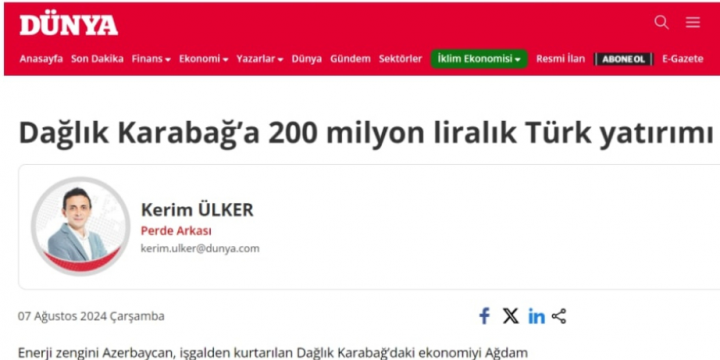 Mətbuat: Türkiyənin “Asilsoy”şirkəti Ağdam Sənaye Parkına təxminən 6 milyon dollar sərmayə qoyacaq