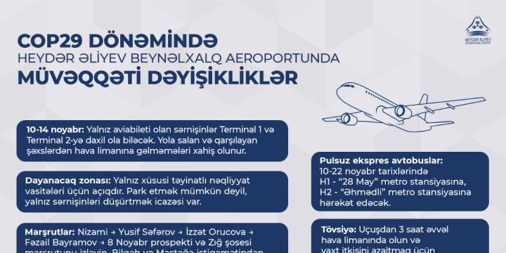 COP29 zamanı Heydər Əliyev Beynəlxalq Aeroportunun fəaliyyətində müvəqqəti dəyişikliklər ediləcək