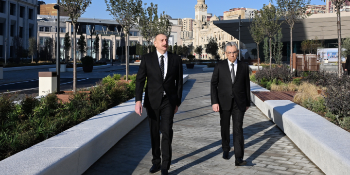 President Ilham Aliyev reviewed upgraded conditions following landscaping and reconstruction efforts in front of Baku Railway Station and 28 May metro station