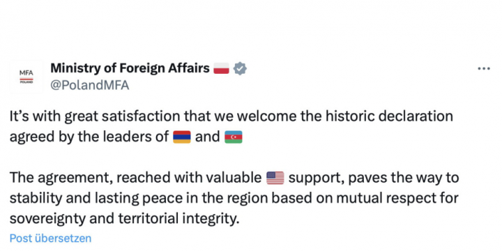 Poland’s Foreign Ministry: It’s with great satisfaction that we welcome the historic declaration agreed by the leaders of Azerbaijan and Armenia