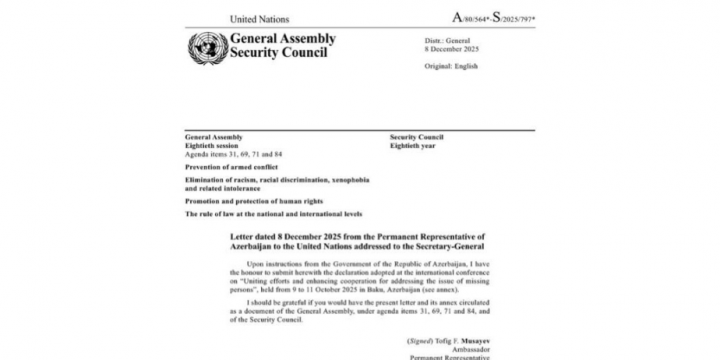 Bakı Bəyannaməsi BMT-nin rəsmi sənədi kimi dərc olunub