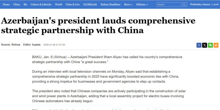 Azerbaijan’s president lauds comprehensive strategic partnership with China